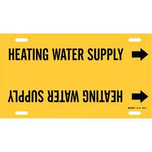 "Heating Water Supply" Pipe Marker - Plastic, Black on Yellow, 10" - 15", 10", 32", 3-1/2", English, Strap-On
