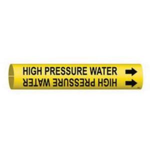 "High Pressure Water" Pipe Marker - Plastic, Black on Yellow, 4" - 6", 2-13/16", 2-13/16", 1-1/4", English, Snap-On