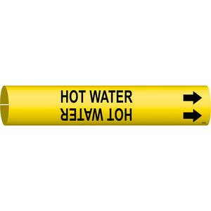 "Hot Water" Pipe Marker - Plastic, Black on Yellow, 1-1/2" - 2-3/8", 7/8", 7/8", 3/4", English, Snap-On