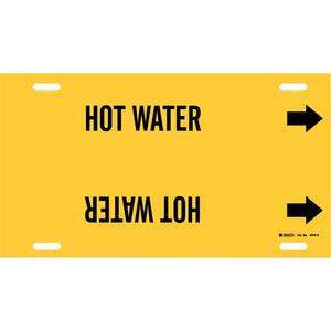 "Hot Water" Pipe Marker - Plastic, Black on Yellow, 10" - 15", 10", 32", 3-1/2", English, Strap-On