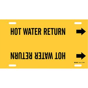 "Hot Water Return" Pipe Marker - Plastic, Black on Yellow, 10" - 15", 10", 32", 3-1/2", English, Strap-On