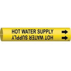"Hot Water Supply" Pipe Marker - Plastic, Black on Yellow, 3/4" - 1-3/8", 13/16", 13/16", 1/2", English, Snap-On