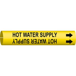"Hot Water Supply" Pipe Marker - Plastic, Black on Yellow, 2-1/2" - 3-7/8", 2", 2", 1-1/4", English, Snap-On