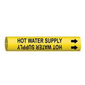 "Hot Water Supply" Pipe Marker - Plastic, Black on Yellow, 4" - 6", 2-13/16", 2-13/16", 1-1/4", English, Snap-On