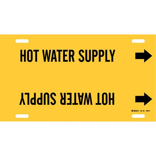 "Hot Water Supply" Pipe Marker - Plastic, Black on Yellow, 6" - 7-7/8", 8", 16", 1-1/4", English, Strap-On