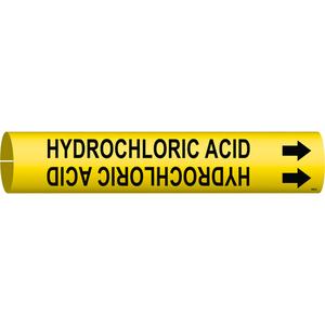 "Hydrochloric Acid" Pipe Marker - Plastic, Black on Yellow, 1-1/2" - 2-3/8", 7/8", 7/8", 3/4", English, Snap-On