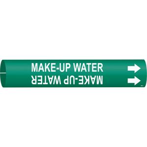 "Make-Up Water" Pipe Marker - Plastic, White on Green, 4" - 6", 2-13/16", 2-13/16", 1-1/4", English, Snap-On
