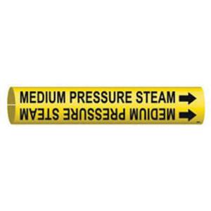 "Medium Pressure Steam" Pipe Marker - Plastic, Black on Yellow, 2-1/2" - 3-7/8", 2", 2", 1-1/4", English, Snap-On