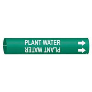 "Plant Water" Pipe Marker - Plastic, White on Green, 1-1/2" - 2-3/8", 7/8", 7/8", 3/4", English, Snap-On