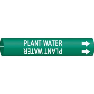 "Plant Water" Pipe Marker - Plastic, White on Green, 2-1/2" - 3-7/8", 2", 2", 1-1/4", English, Snap-On