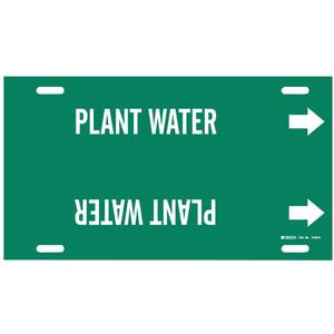 "Plant Water" Pipe Marker - Plastic, White on Green, 8" - 9-7/8", 10", 24", 2-1/2", English, Strap-On