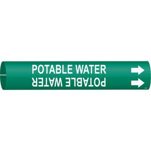 "Potable Water" Pipe Marker - Plastic, White on Green, 1-1/2" - 2-3/8", 7/8", 7/8", 3/4", English, Snap-On