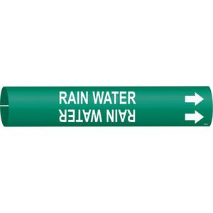 "Rain Water" Pipe Marker - Plastic, White on Green, 4" - 6", 2-13/16", 2-13/16", 1-1/4", English, Snap-On