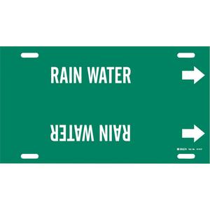 "Rain Water" Pipe Marker - Plastic, White on Green, 6" - 7-7/8", 8", 16", 1-1/4", English, Strap-On
