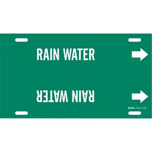 "Rain Water" Pipe Marker - Plastic, White on Green, 10" - 15", 10", 32", 3-1/2", English, Strap-On