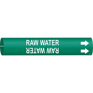 "Raw Water" Pipe Marker - Plastic, White on Green, 1-1/2" - 2-3/8", 7/8", 7/8", 3/4", English, Snap-On