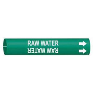 "Raw Water" Pipe Marker - Plastic, White on Green, 2-1/2" - 3-7/8", 2", 2", 1-1/4", English, Snap-On