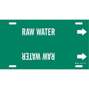 "Raw Water" Pipe Marker - Plastic, White on Green, 10" - 15", 10", 32", 3-1/2", English, Strap-On
