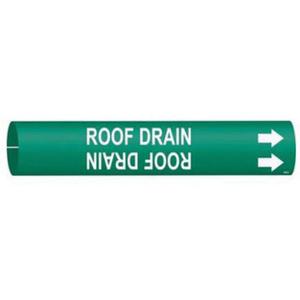 "Roof Drain" Pipe Marker - Plastic, White on Green, 2-1/2" - 3-7/8", 2", 2", 1-1/4", English, Snap-On