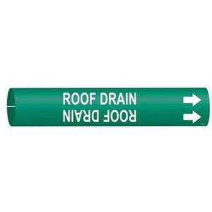 "Roof Drain" Pipe Marker - Plastic, White on Green, 4" - 6", 2-13/16", 2-13/16", 1-1/4", English, Snap-On
