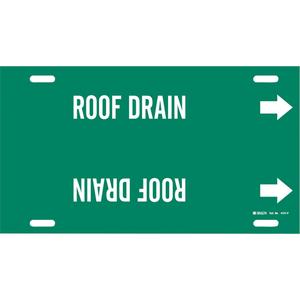 "Roof Drain" Pipe Marker - Plastic, White on Green, 6" - 7-7/8", 8", 16", 1-1/4", English, Strap-On