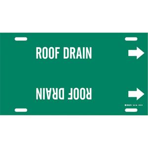 "Roof Drain" Pipe Marker - Plastic, White on Green, 8" - 9-7/8", 10", 24", 2-1/2", English, Strap-On