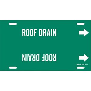 "Roof Drain" Pipe Marker - Plastic, White on Green, 10" - 15", 10", 32", 3-1/2", English, Strap-On