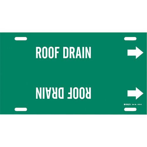 "Roof Drain" Pipe Marker - Plastic, White on Green, 10" - 15", 10", 32", 3-1/2", English, Strap-On