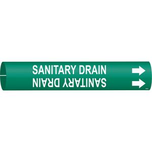 "Sanitary Drain" Pipe Marker - Plastic, White on Green, 3/4" - 1-3/8", 13/16", 13/16", 1/2", English, Snap-On