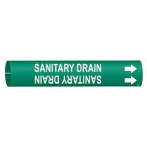 "Sanitary Drain" Pipe Marker - Plastic, White on Green, 4" - 6", 2-13/16", 2-13/16", 1-1/4", English, Snap-On