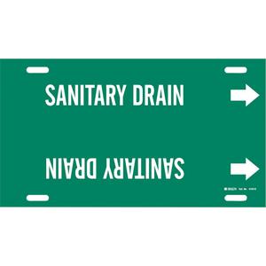 "Sanitary Drain" Pipe Marker - Plastic, White on Green, 8" - 9-7/8", 10", 24", 2-1/2", English, Strap-On