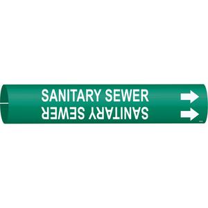 "Sanitary Sewer" Pipe Marker - Plastic, White on Green, 3/4" - 1-3/8", 13/16", 13/16", 1/2", English, Snap-On