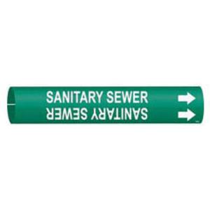 "Sanitary Sewer" Pipe Marker - Plastic, White on Green, 4" - 6", 2-13/16", 2-13/16", 1-1/4", English, Snap-On