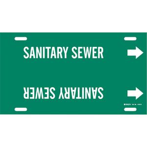 "Sanitary Sewer" Pipe Marker - Plastic, White on Green, 8" - 9-7/8", 10", 24", 2-1/2", English, Strap-On