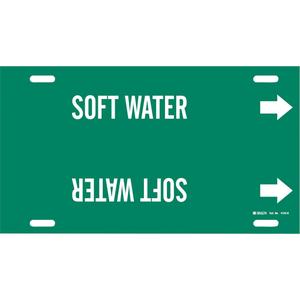 "Soft Water" Pipe Marker - Plastic, White on Green, 8" - 9-7/8", 10", 24", 2-1/2", English, Strap-On