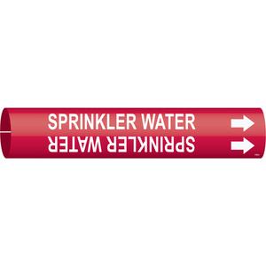 "Sprinkler Water" Pipe Marker - Plastic, White on Red, 3/4" - 1-3/8", 13/16", 13/16", 1/2", English, Snap-On