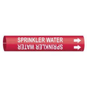 "Sprinkler Water" Pipe Marker - Plastic, White on Red, 1-1/2" - 2-3/8", 7/8", 7/8", 3/4", English, Snap-On