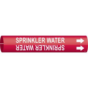 "Sprinkler Water" Pipe Marker - Plastic, White on Red, 2-1/2" - 3-7/8", 2", 2", 1-1/4", English, Snap-On