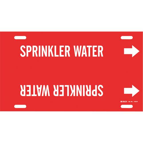 "Sprinkler Water" Pipe Marker - Plastic, White on Red, 10" - 15", 10", 32", 3-1/2", English, Strap-On