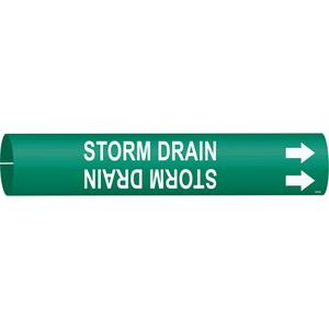 "Storm Drain" Pipe Marker - Plastic, White on Green, 1-1/2" - 2-3/8", 7/8", 7/8", 3/4", English, Snap-On
