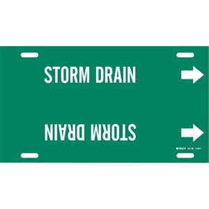 "Storm Drain" Pipe Marker - Plastic, White on Green, 6" - 7-7/8", 8", 16", 1-1/4", English, Strap-On