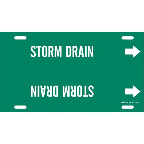 "Storm Drain" Pipe Marker - Plastic, White on Green, 8" - 9-7/8", 10", 24", 2-1/2", English, Strap-On