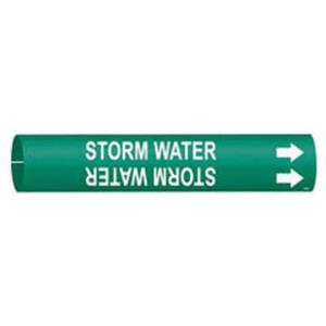 "Storm Water" Pipe Marker - Plastic, White on Green, 3/4" - 1-3/8", 13/16", 13/16", 1/2", English, Snap-On