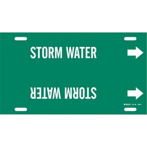 "Storm Water" Pipe Marker - Plastic, White on Green, 6" - 7-7/8", 8", 16", 1-1/4", English, Strap-On