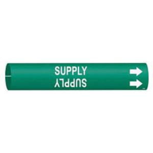 "Supply" Pipe Marker - Plastic, White on Green, 3/4" - 1-3/8", 13/16", 13/16", 1/2", English, Snap-On