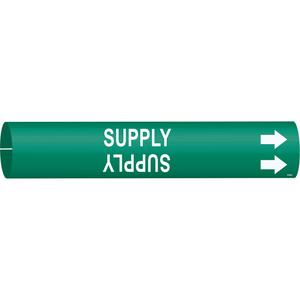 "Supply" Pipe Marker - Plastic, White on Green, 2-1/2" - 3-7/8", 2", 2", 1-1/4", English, Snap-On