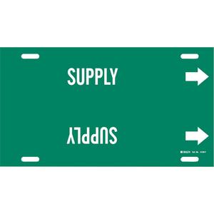 "Supply" Pipe Marker - Plastic, White on Green, 6" - 7-7/8", 8", 16", 1-1/4", English, Strap-On