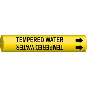 "Tempered Water" Pipe Marker - Plastic, Black on Yellow, 3/4" - 1-3/8", 13/16", 13/16", 1/2", English, Snap-On