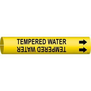 "Tempered Water" Pipe Marker - Plastic, Black on Yellow, 1-1/2" - 2-3/8", 7/8", 7/8", 3/4", English, Snap-On