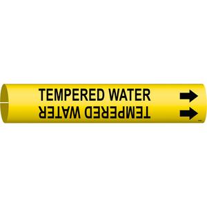 "Tempered Water" Pipe Marker - Plastic, Black on Yellow, 4" - 6", 2-13/16", 2-13/16", 1-1/4", English, Snap-On